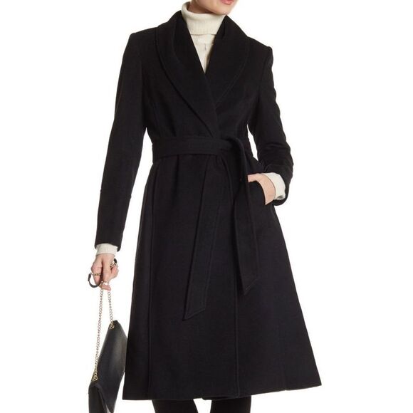 Cole Haan Wool Blend Wrap Coat Black SZ 10